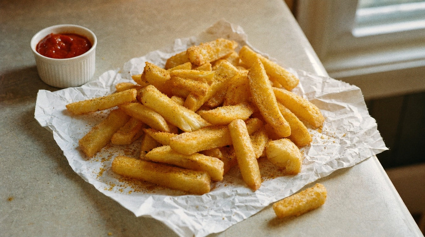 Chip shop style thick-cut chips with vinegar chicken salt on butcher paper - Chooki's Vinegar Chicken Salt recipe