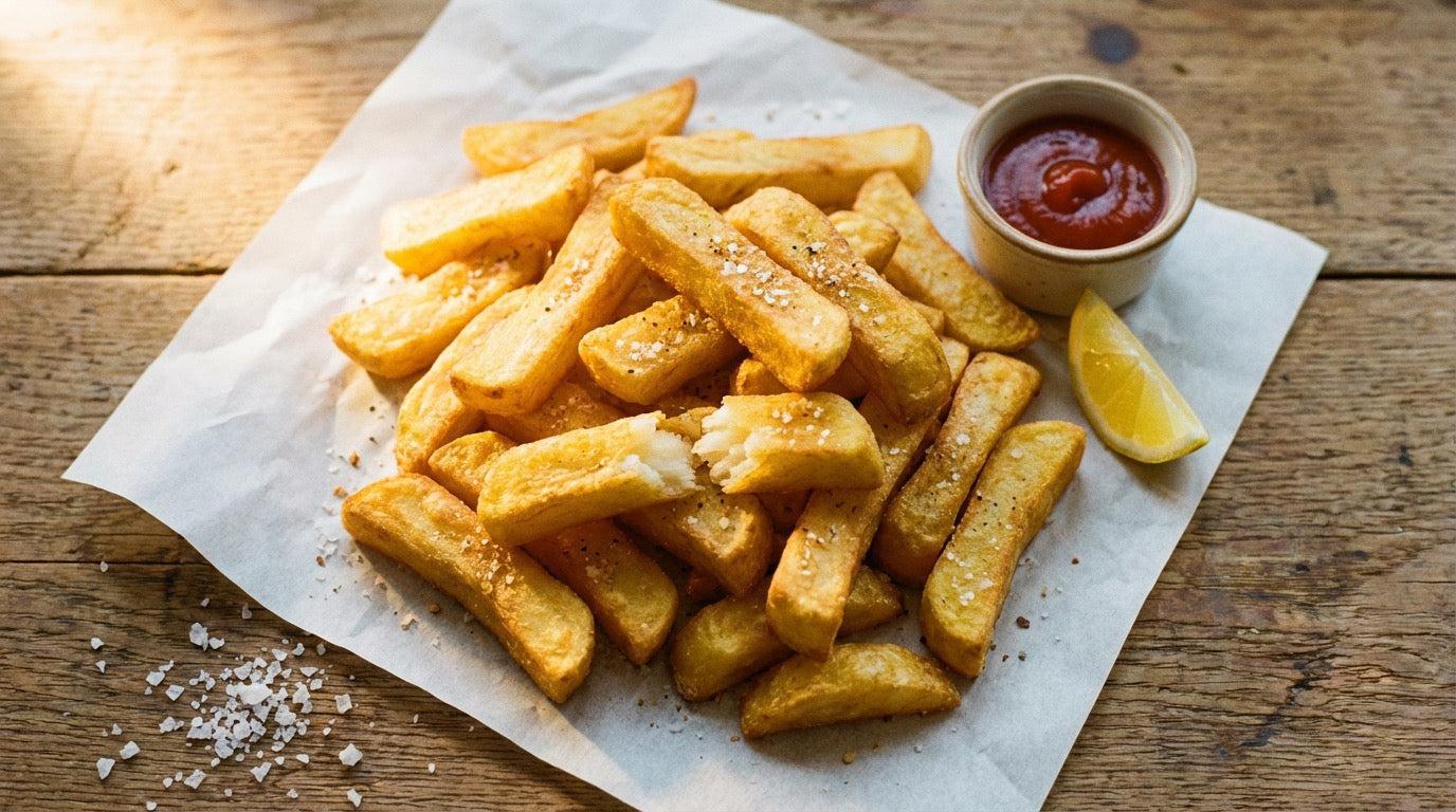Thick-cut golden chip shop chips seasoned with Chooki's Vinegar Chicken Salt
