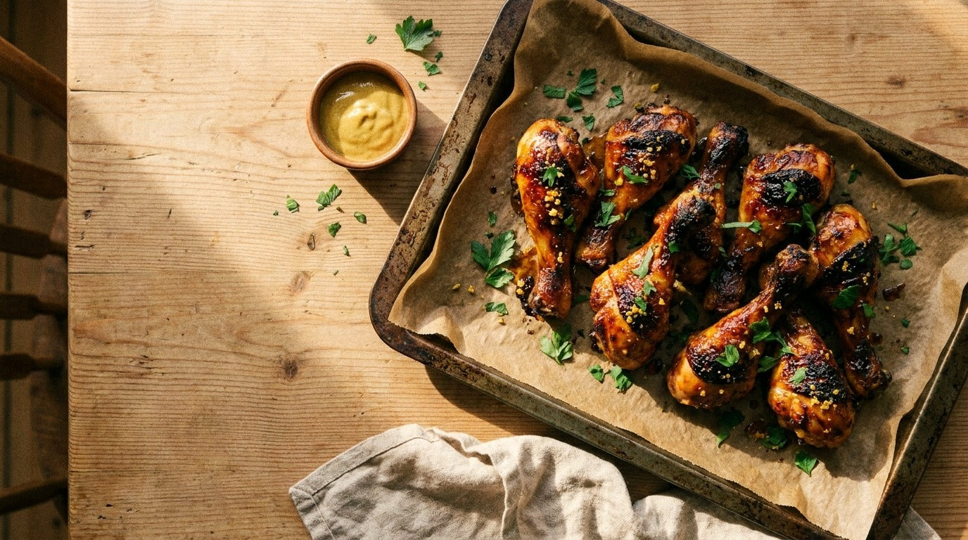Sticky honey mustard chicken drumsticks seasoned with Chooki's Vinegar Chicken Salt on a lined baking tray