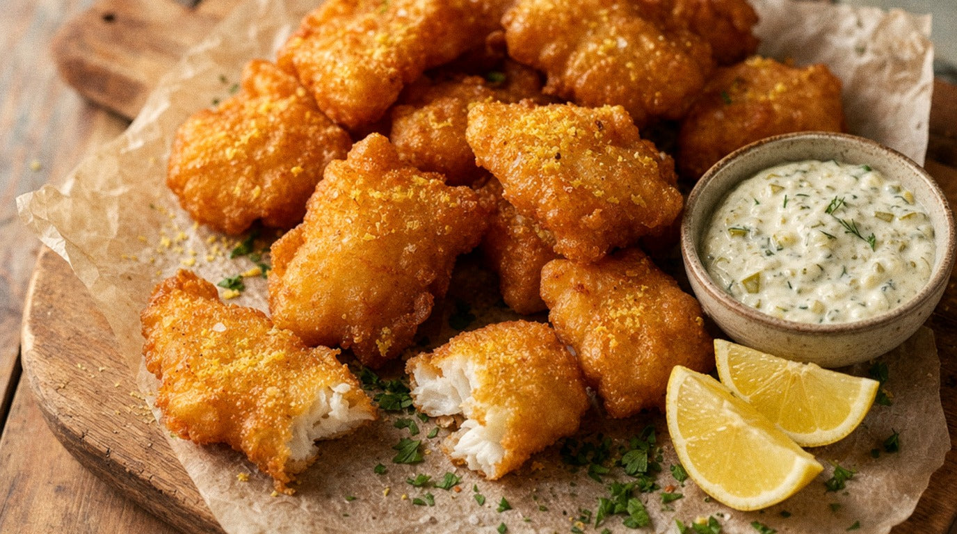 Golden beer-battered fish bites seasoned with Chooki's Vinegar Chicken Salt on a wooden board with tartare sauce and lemon wedges