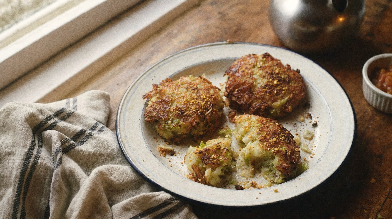 Bubble and squeak patties seasoned with Chooki's Vinegar Chicken Salt on a worn enamel plate
