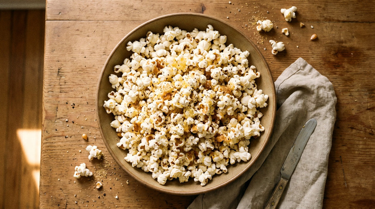 Buttery stovetop popcorn seasoned with Chooki's Vinegar Chicken Salt and cracked black pepper in a ceramic bowl on a wooden table