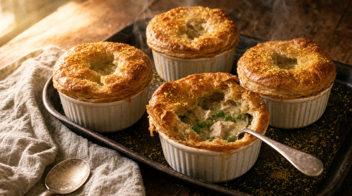 Creamy chicken and pea pot pies with golden puff pastry lids seasoned with Chooki's Vinegar Chicken Salt