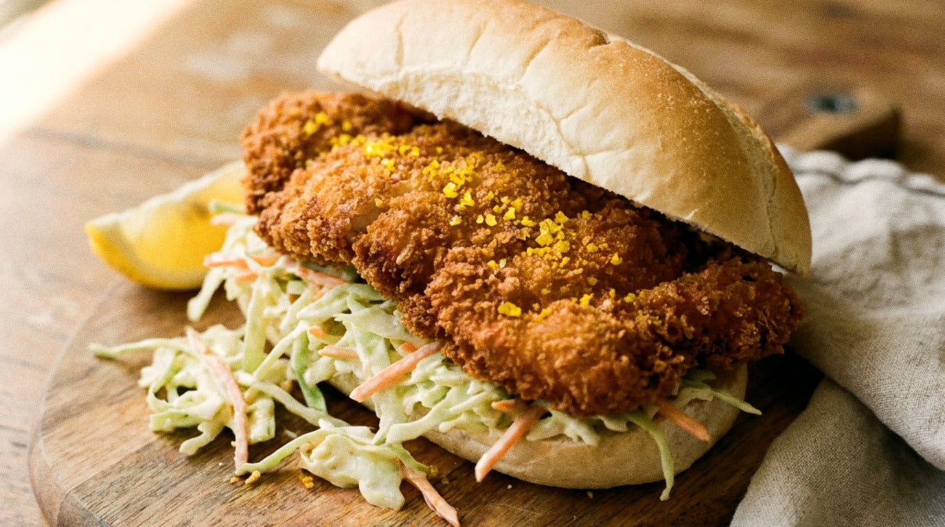 Crumbed chicken schnitzel sandwich with crunchy cabbage slaw in a soft white roll, seasoned with Chooki's Vinegar Chicken Salt