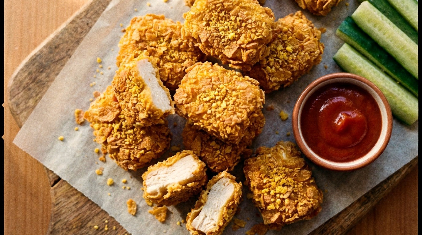 Cornflake chicken nuggets seasoned with Chooki's Vinegar Chicken Salt with tomato sauce and cucumber sticks