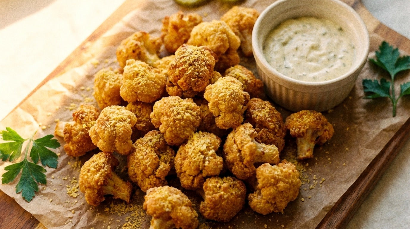 Crispy cauliflower popcorn seasoned with Chooki's Vinegar Chicken Salt and dill pickle mayo