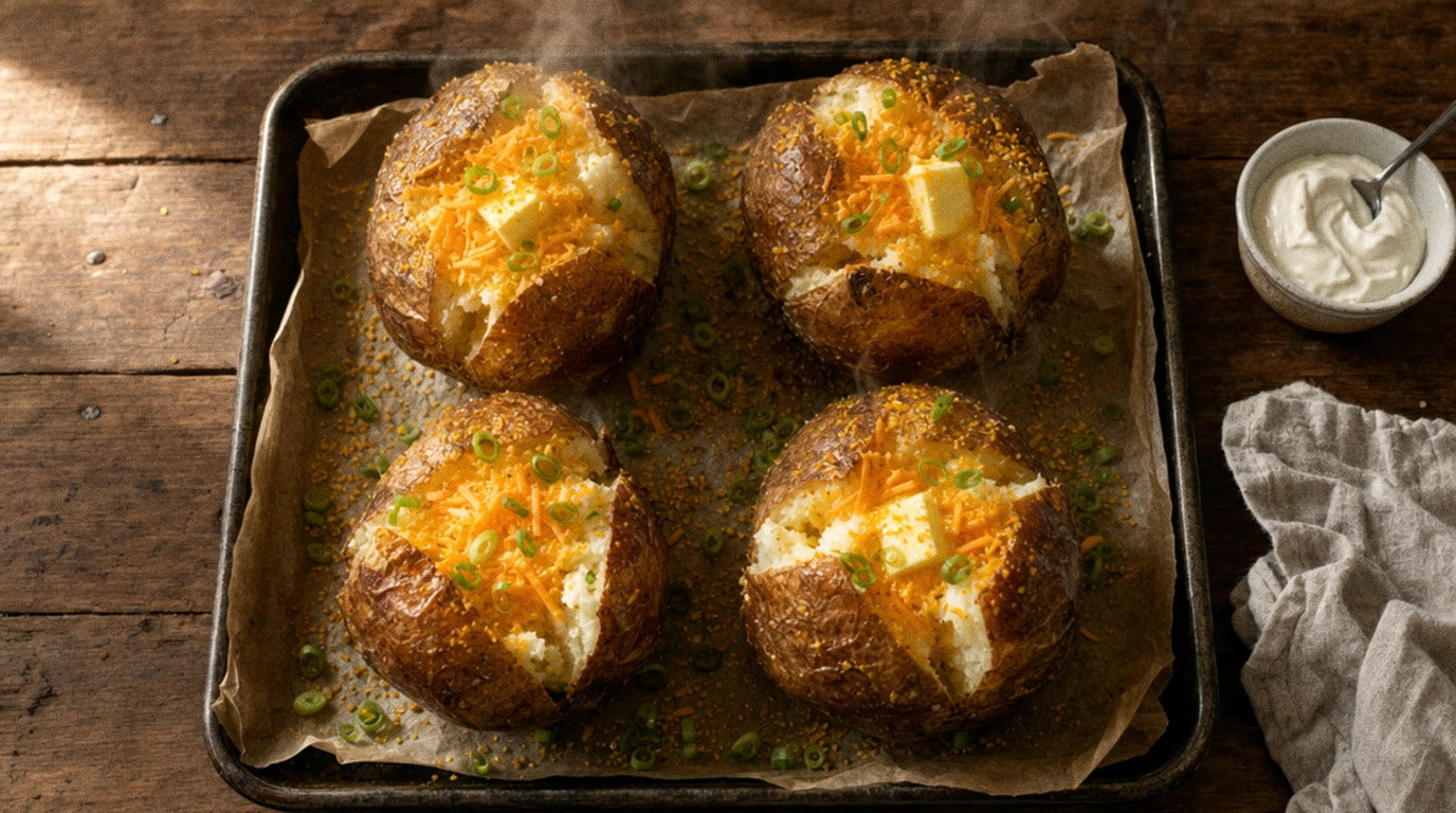 Baked jacket potatoes split open with melted cheddar, butter and spring onion, seasoned with Chooki's Vinegar Chicken Salt on a metal tray