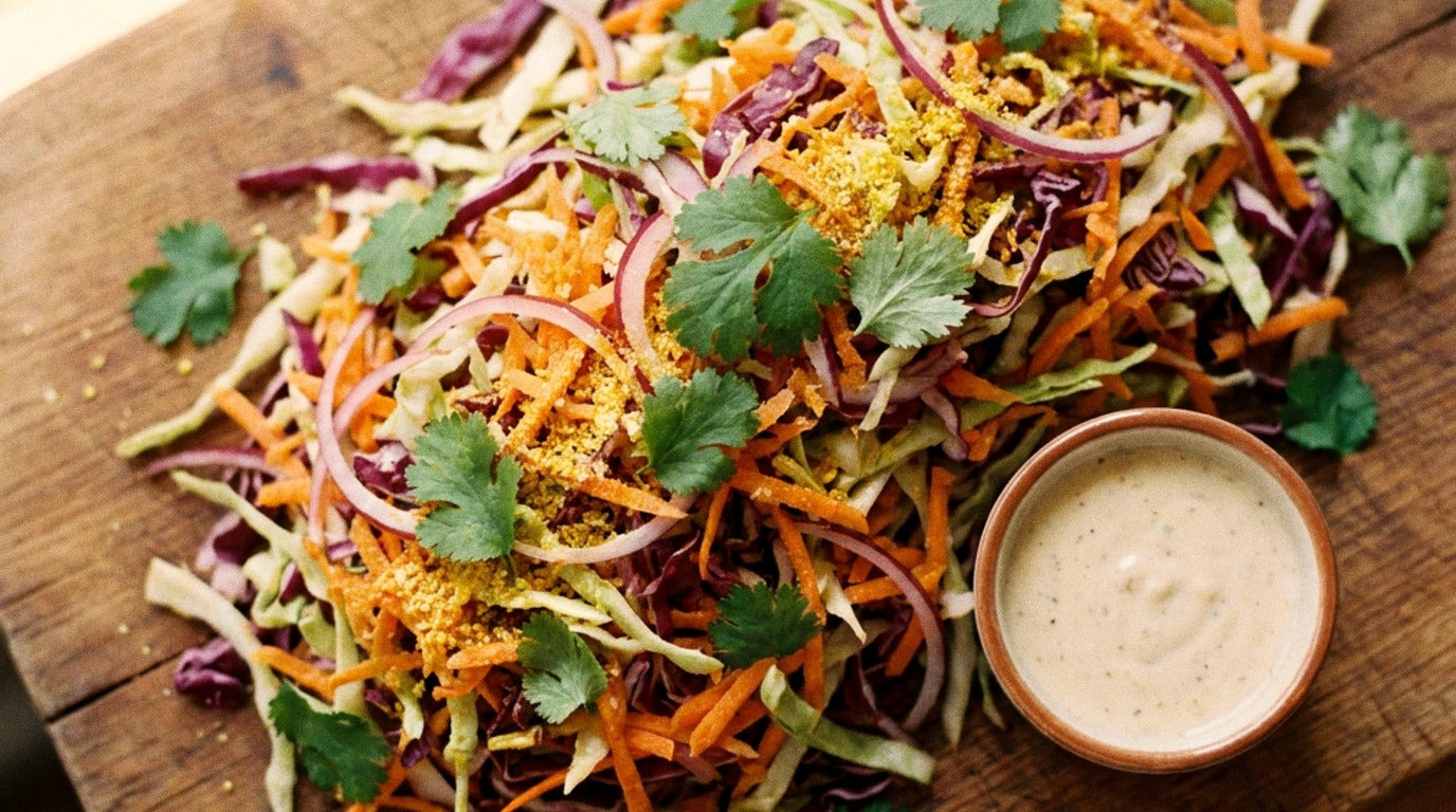 Vibrant rainbow coleslaw with green and red cabbage, carrots, and red onion seasoned with Chooki's Vinegar Chicken Salt