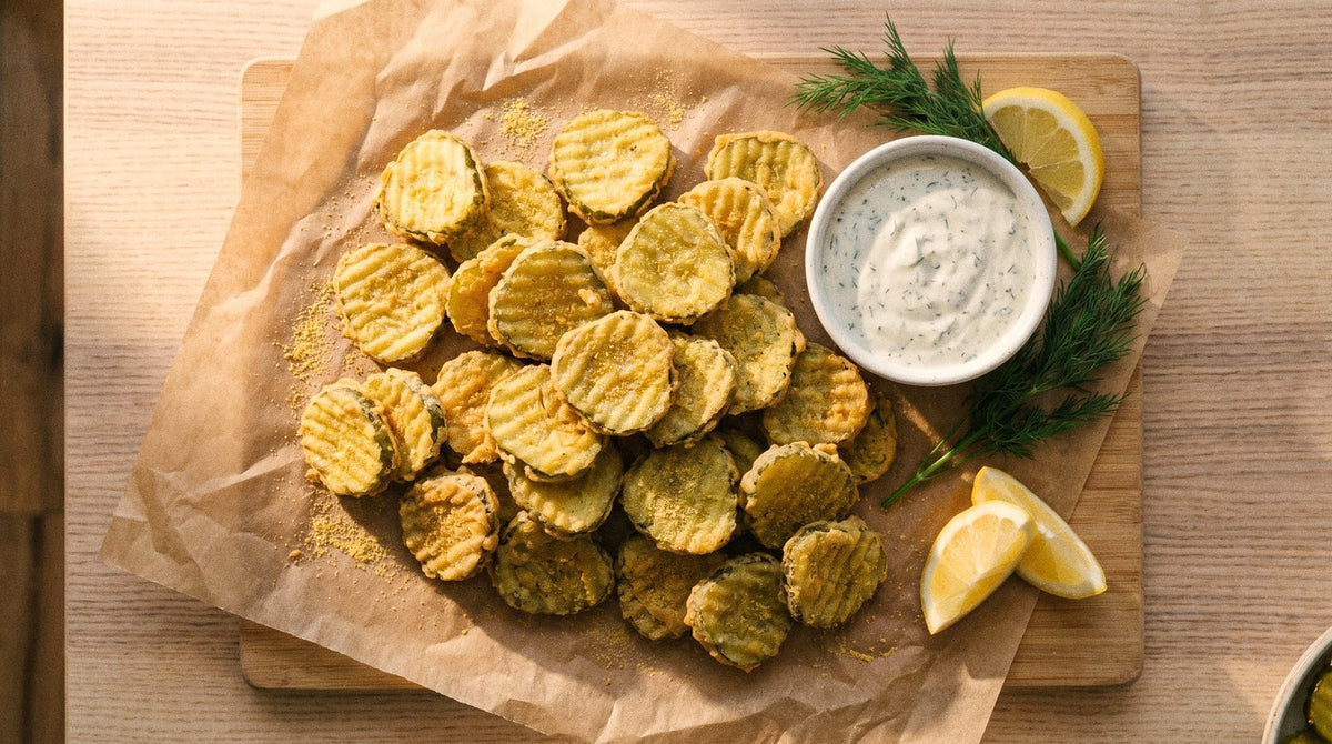 Golden fried dill pickle chips seasoned with Chooki's Vinegar Chicken Salt on baking paper with a bowl of dill ranch dip and lemon wedges