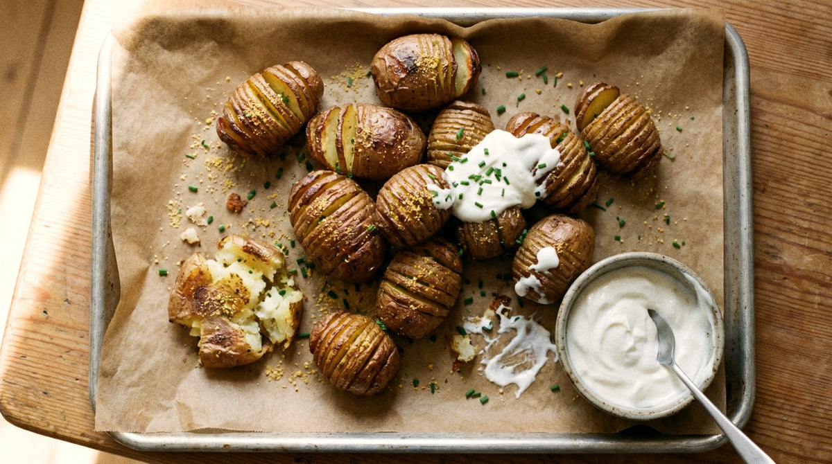 Hasselback chat potatoes seasoned with Chooki's Vinegar Chicken Salt, topped with sour cream and chives on a baking tray