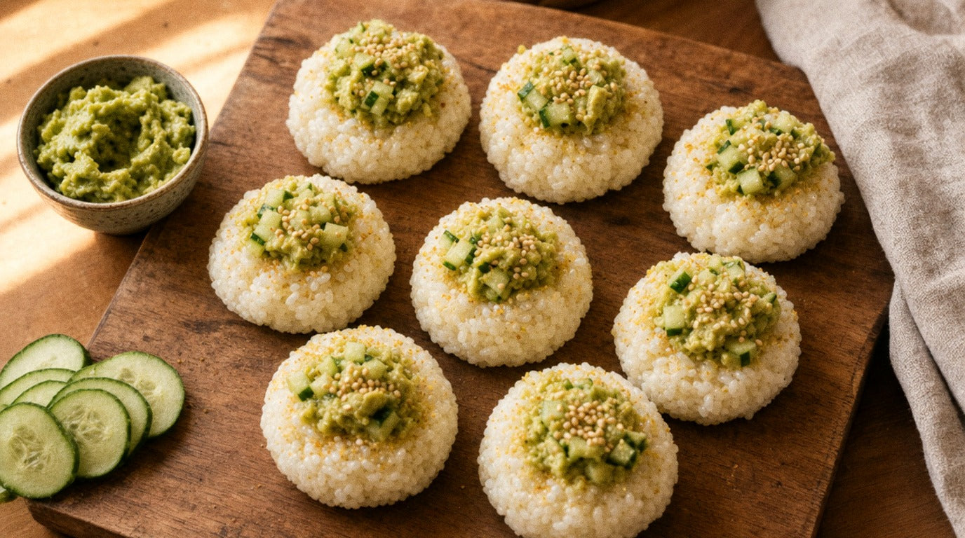 Rice balls seasoned with Chooki's Vinegar Chicken Salt topped with smashed avocado and diced cucumber on a wooden board