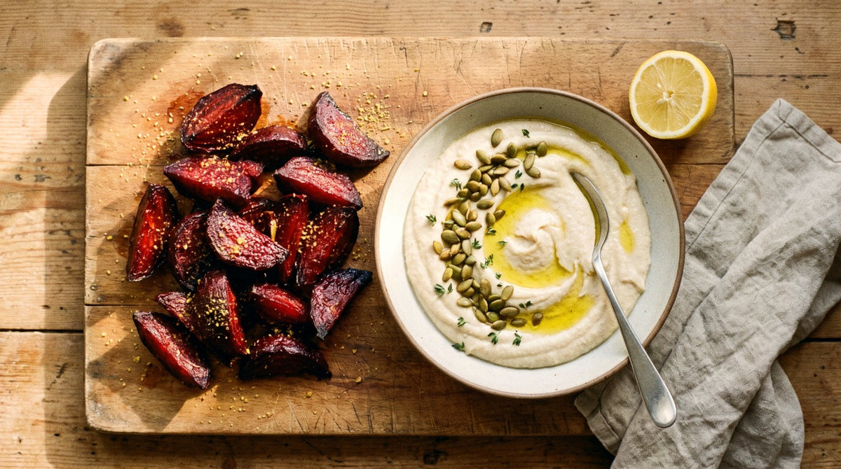 Roast beetroot wedges seasoned with Chooki's Vinegar Chicken Salt beside a bowl of whipped white bean dip with pepitas on a wooden board