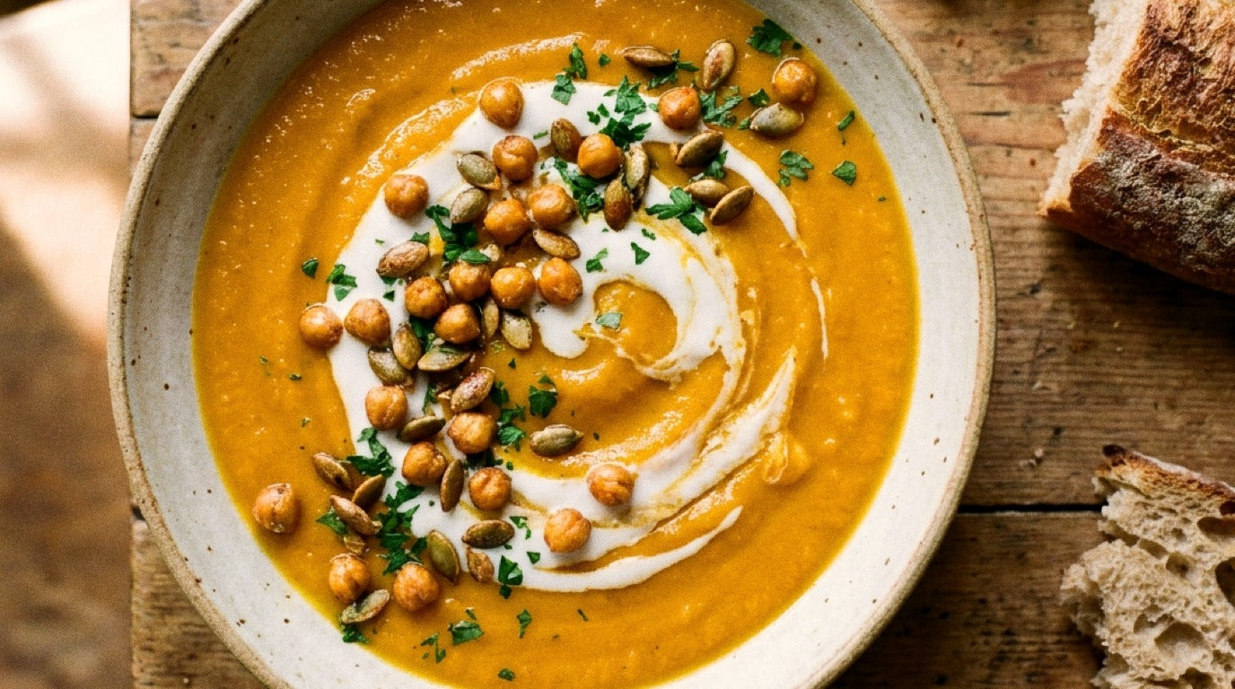 Roast pumpkin soup with crispy chickpeas seasoned with Chooki's Vinegar Chicken Salt