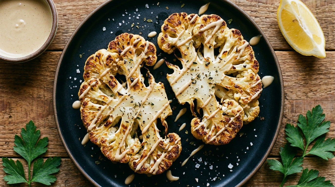 Roasted cauliflower steaks seasoned with Chooki's Vinegar Chicken Salt and drizzled with tahini on a dark plate
