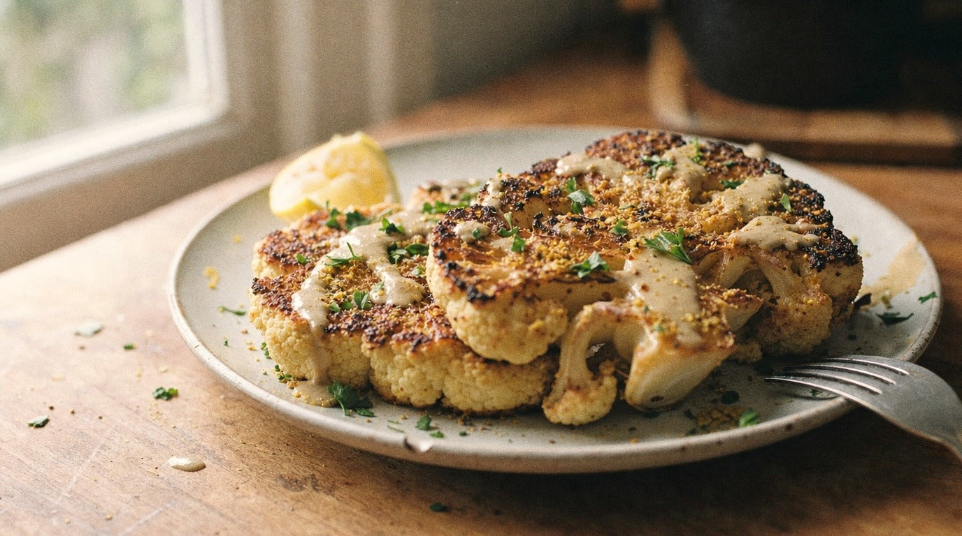 Roasted cauliflower steaks with tahini drizzle and vinegar chicken salt - Chooki's Vinegar Chicken Salt recipe