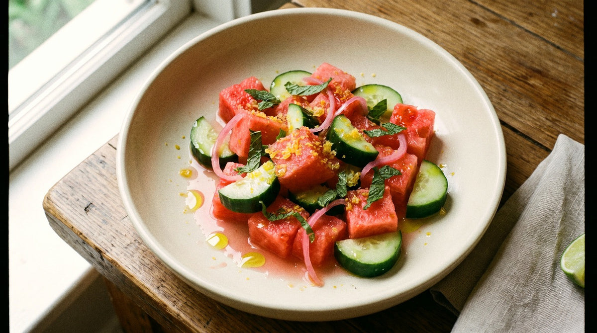 Watermelon and cucumber salad with pickled red onion and mint, seasoned with Chooki's Vinegar Chicken Salt, in a cream ceramic bowl