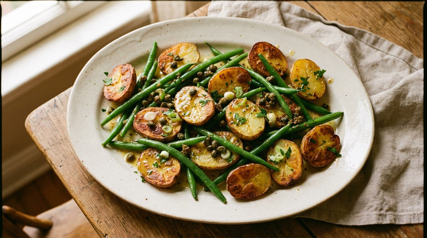 Warm roast potato salad with green beans and crispy capers, seasoned with Chooki's Vinegar Chicken Salt on a ceramic platter