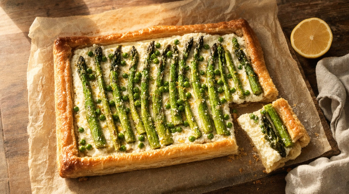 Golden puff pastry tart topped with asparagus spears, peas and lemon ricotta, seasoned with Chooki's Zest Chicken Salt