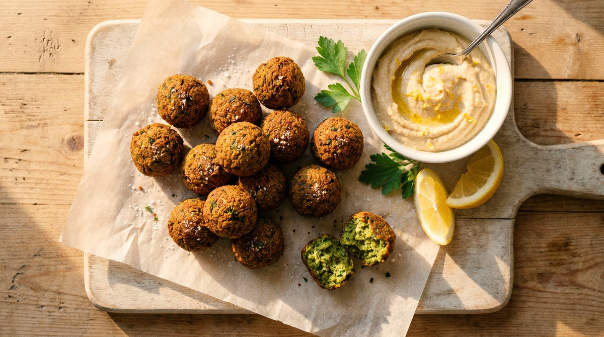 Baked falafel bites seasoned with Chooki's Zest Chicken Salt beside a bowl of lemony hummus dip on a wooden board
