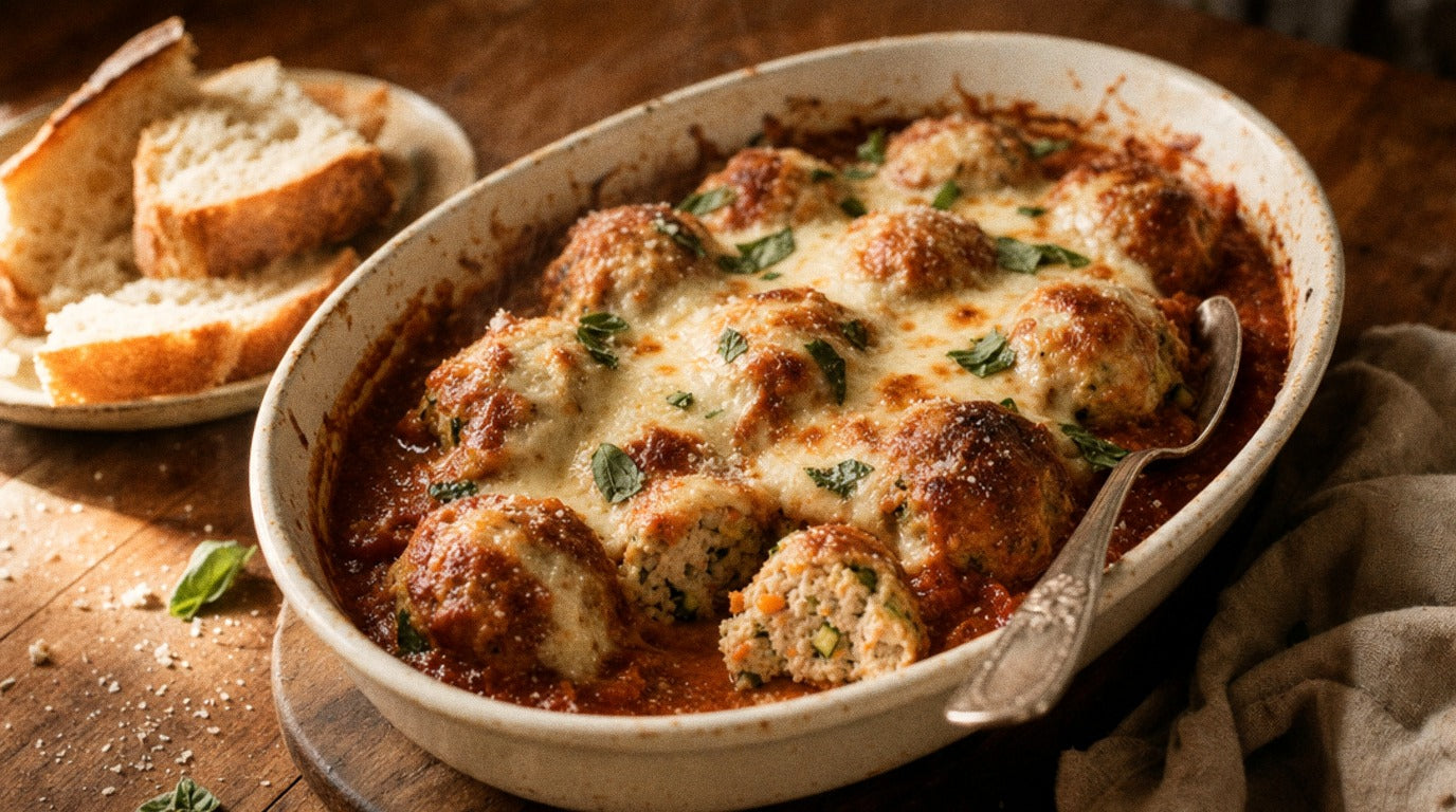Cheesy baked chicken meatballs in tomato sauce seasoned with Chooki's Zest Chicken Salt in a white ceramic dish