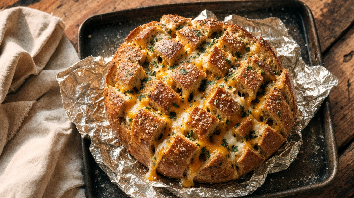 Cheesy garlic pull-apart cob loaf seasoned with Chooki's Zest Chicken Salt on a baking tray