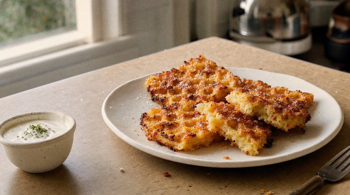 Zest Salt Cheesy Potato Gem Waffles with yoghurt dip seasoned with Chooki's Zest Chicken Salt