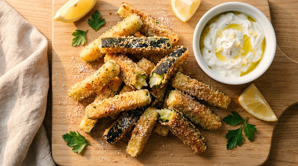 Crunchy crumbed zucchini fries seasoned with Chooki's Zest Chicken Salt beside a bowl of garlic yoghurt dip on a wooden board