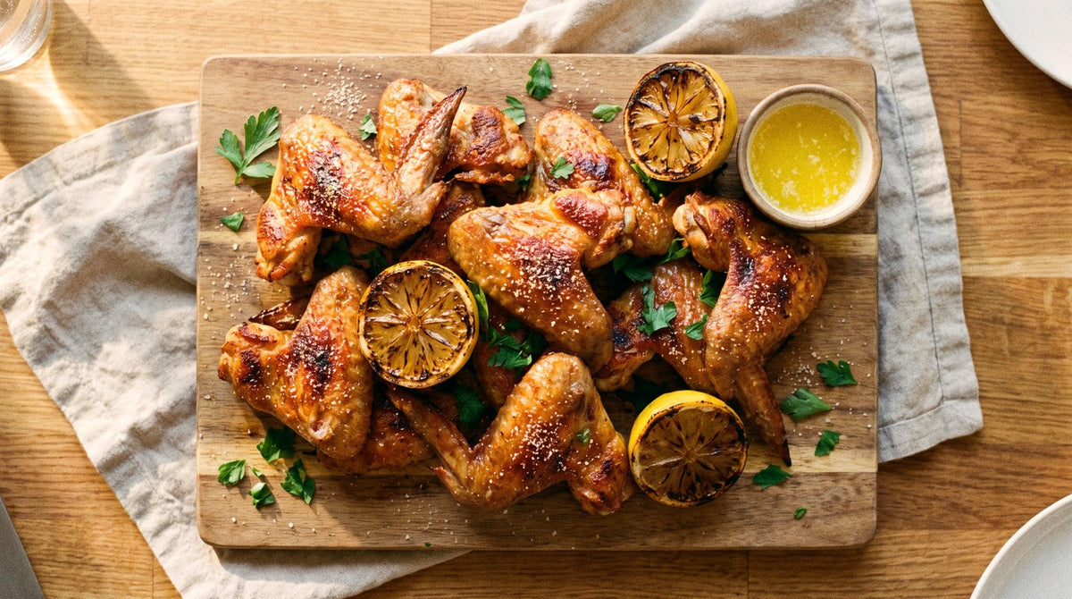 Crispy oven-baked chicken wings with Chooki's Zest Chicken Salt, charred lemon halves and melted lemon butter on a wooden board