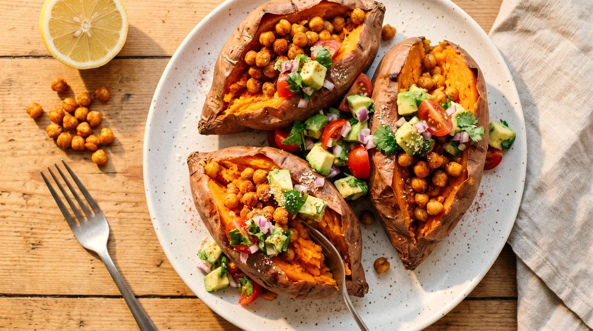 Split jacket sweet potatoes loaded with crunchy paprika chickpeas and avocado salsa, seasoned with Chooki's Zest Chicken Salt