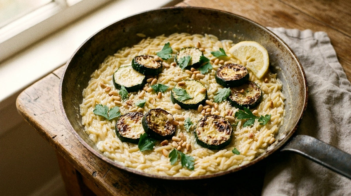 One-pan lemon risoni with charred zucchini rounds, toasted pine nuts and parsley, seasoned with Chooki's Zest Chicken Salt