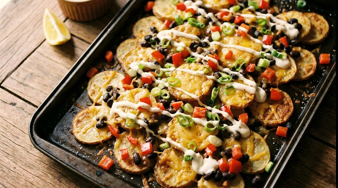 Loaded potato nachos with crispy roast potato rounds, melted cheese, black beans and lemon sour cream seasoned with Chooki's Zest Chicken Salt on a baking tray