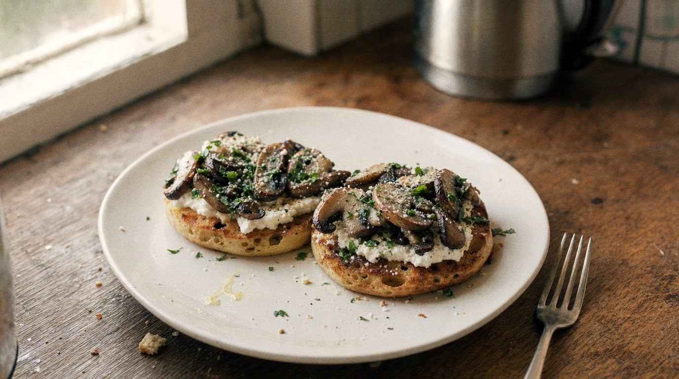 Toasted mushroom crumpets with lemon ricotta seasoned with Chooki's Zest Chicken Salt