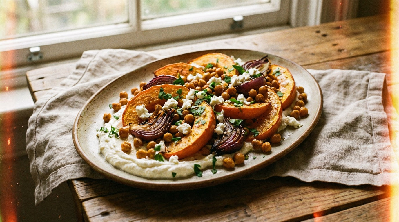 Roast pumpkin and chickpea tray bake with whipped feta seasoned with Chooki's Zest Chicken Salt on a dark platter