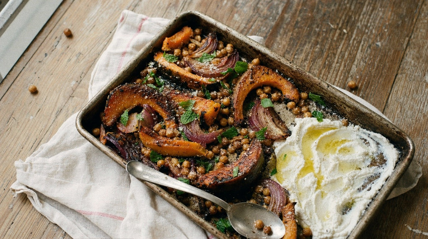 Roast pumpkin and chickpea tray bake with whipped feta and zest chicken salt - Chooki's Zest Chicken Salt recipe