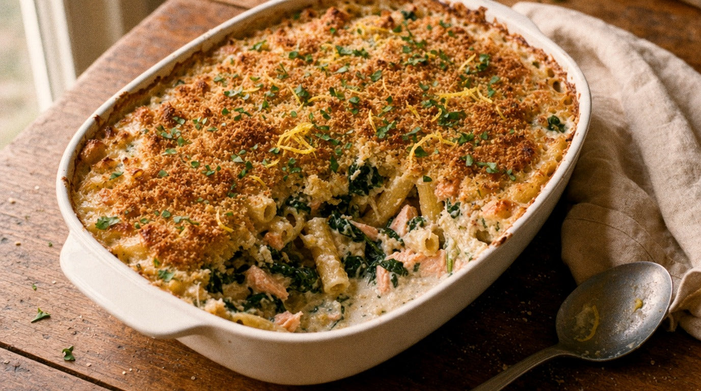 Creamy salmon and spinach pasta bake with a golden lemon parmesan crumb, seasoned with Chooki's Zest Chicken Salt, in a white ceramic dish