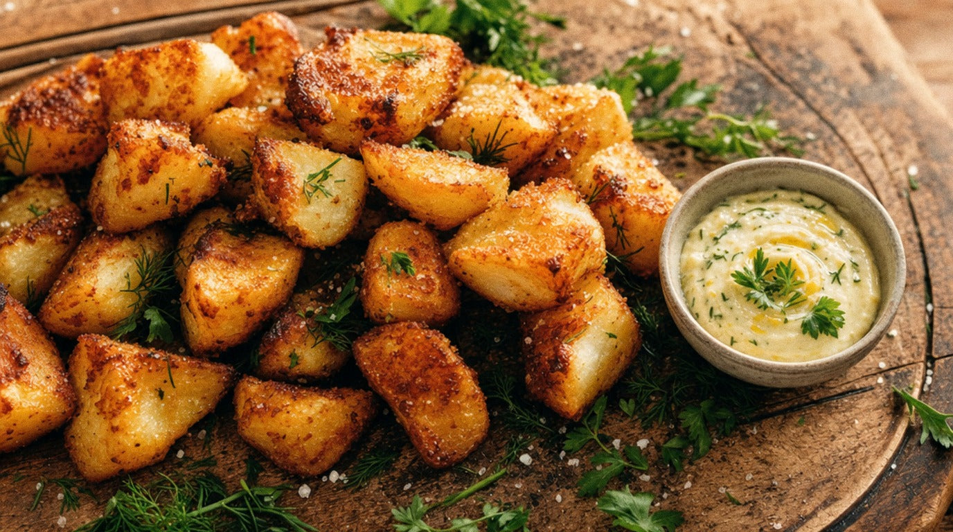 Golden crispy roast potatoes seasoned with Chooki's Zest Chicken Salt on a wooden board with lemon herb aioli