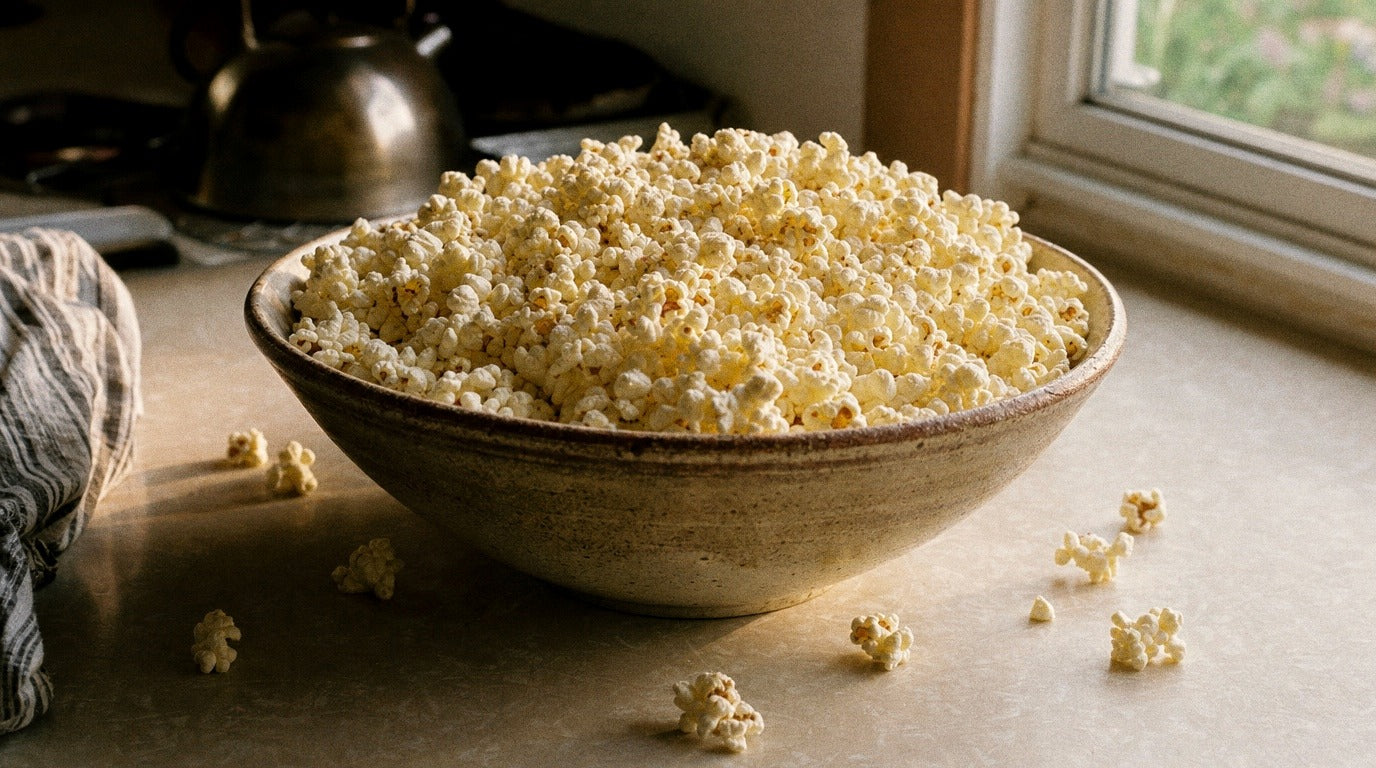 Homemade popcorn dusted with zesty chicken salt in a big bowl - Chooki's Zest Chicken Salt snack recipe