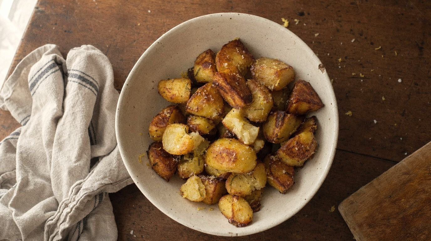 Zesty chicken salt roasted potatoes with golden crispy edges in a ceramic bowl - Chooki's Zest Chicken Salt recipe