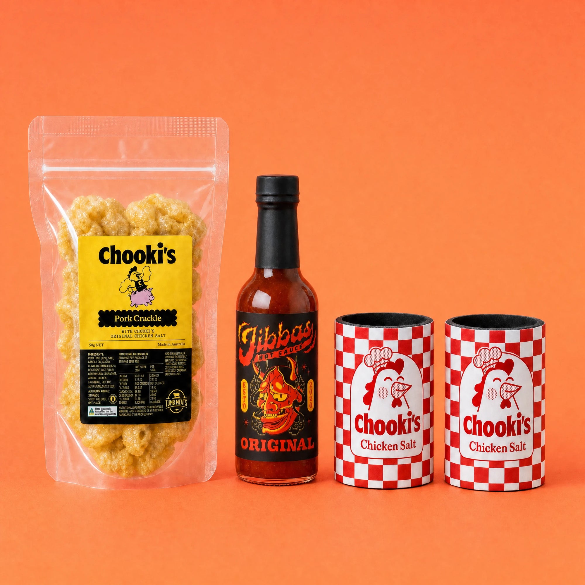 The Extras Pack: Original pork crackle, Jibba's Original hot sauce and two Chooki's stubby holders