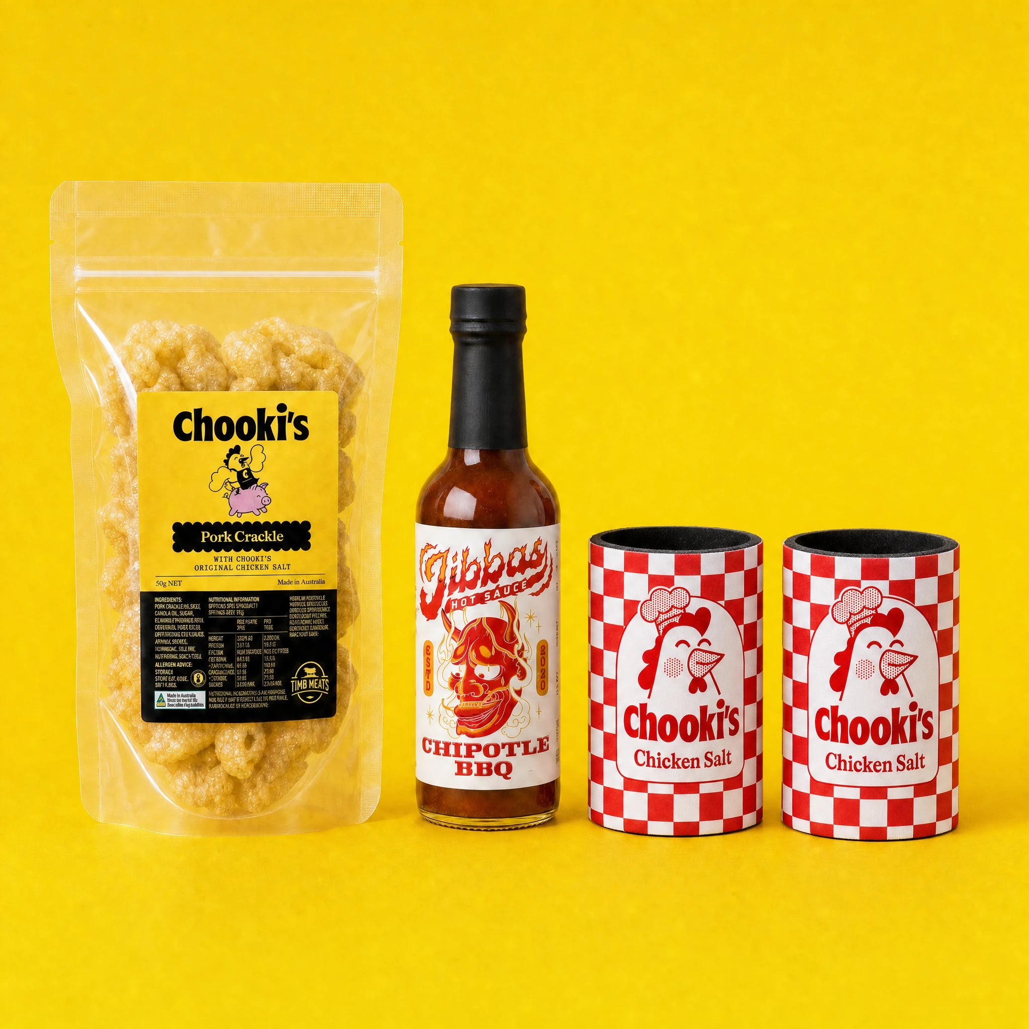 The Extras Pack: Original pork crackle, Jibba's Chipotle BBQ hot sauce and two Chooki's stubby holders