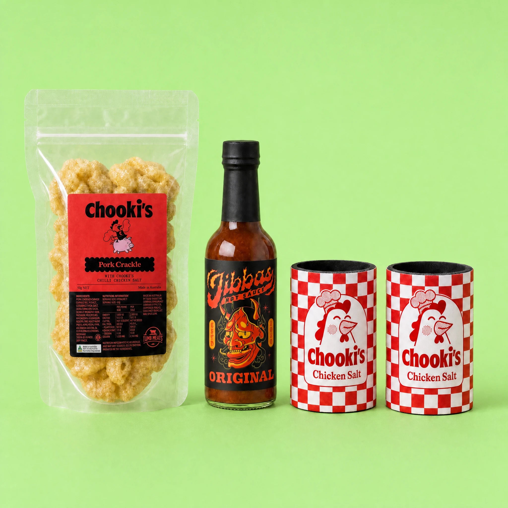 The Extras Pack: Chilli pork crackle, Jibba's Original hot sauce and two Chooki's stubby holders