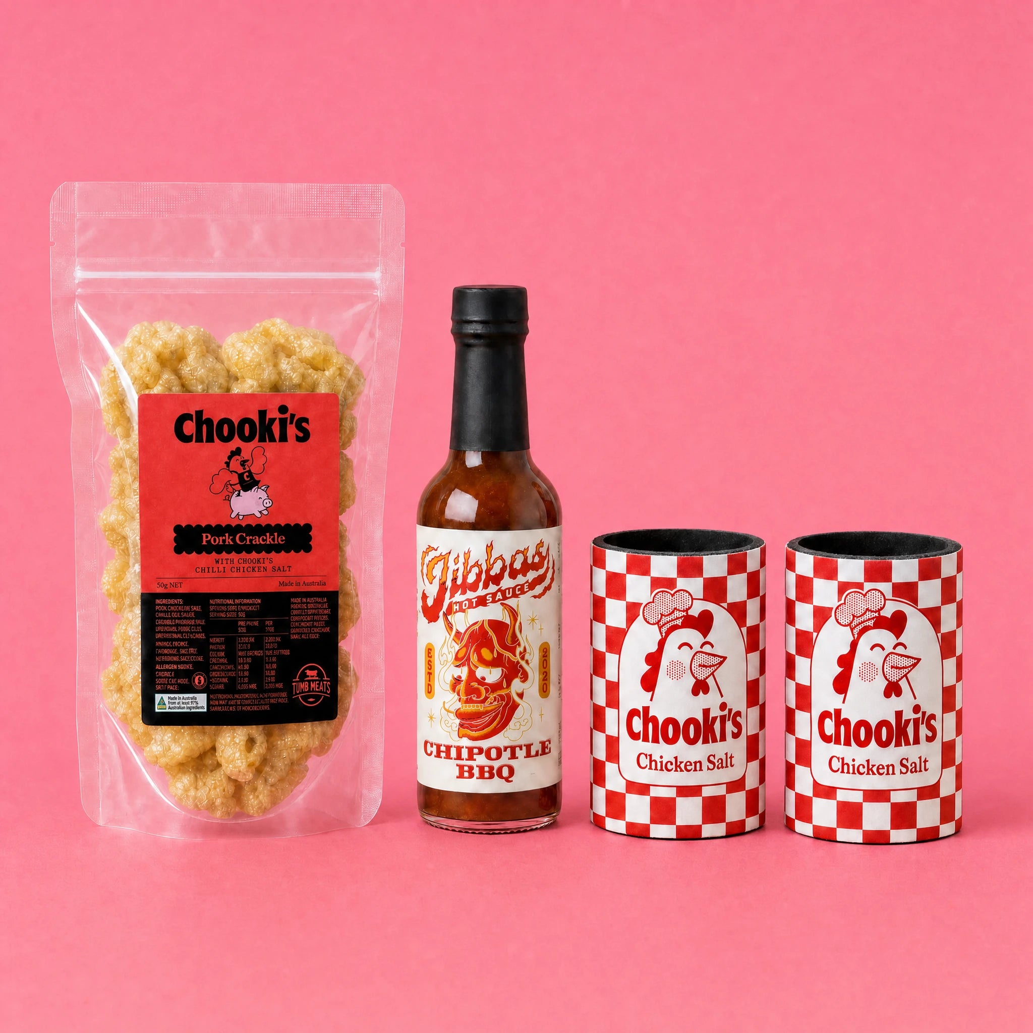 The Extras Pack: Chilli pork crackle, Jibba's Chipotle BBQ hot sauce and two Chooki's stubby holders