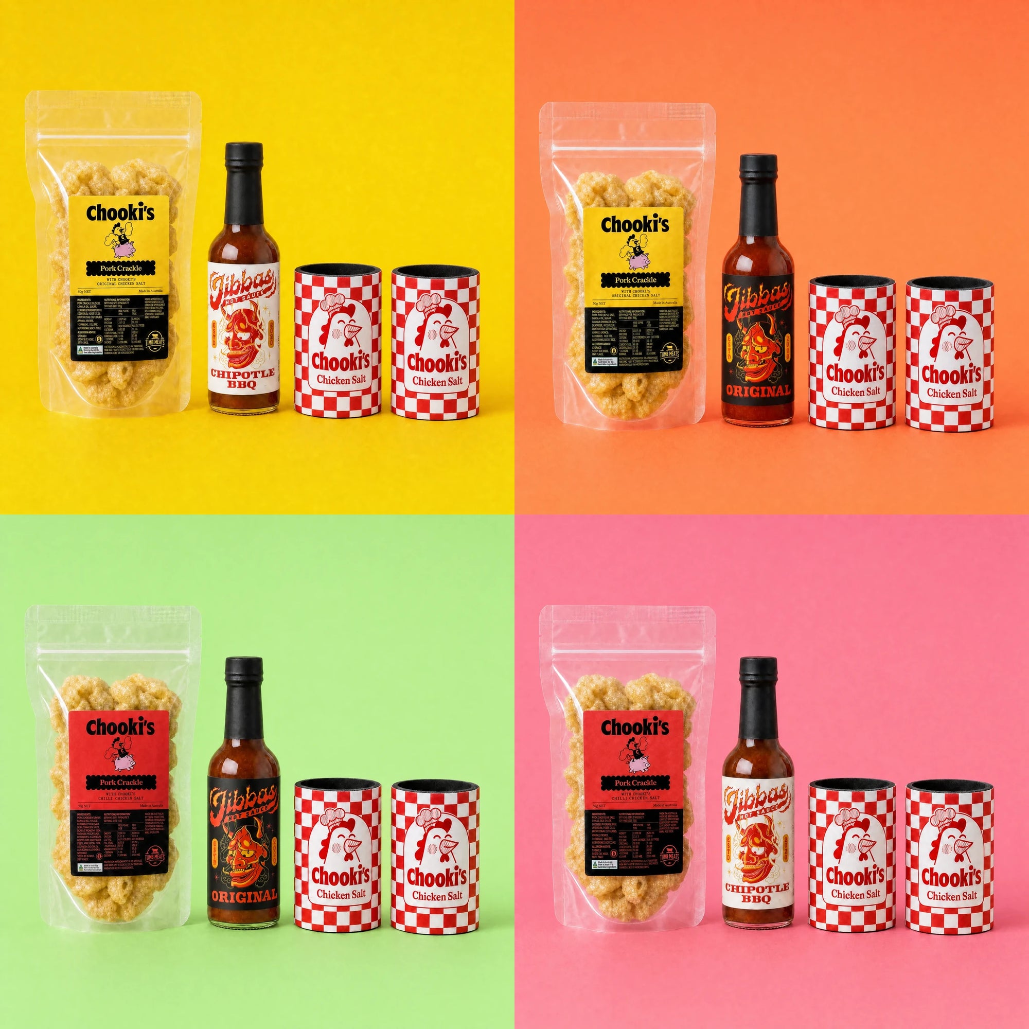 The Extras Pack: all four combinations of Chooki's pork crackle, Jibba's hot sauce and two Chooki's stubby holders