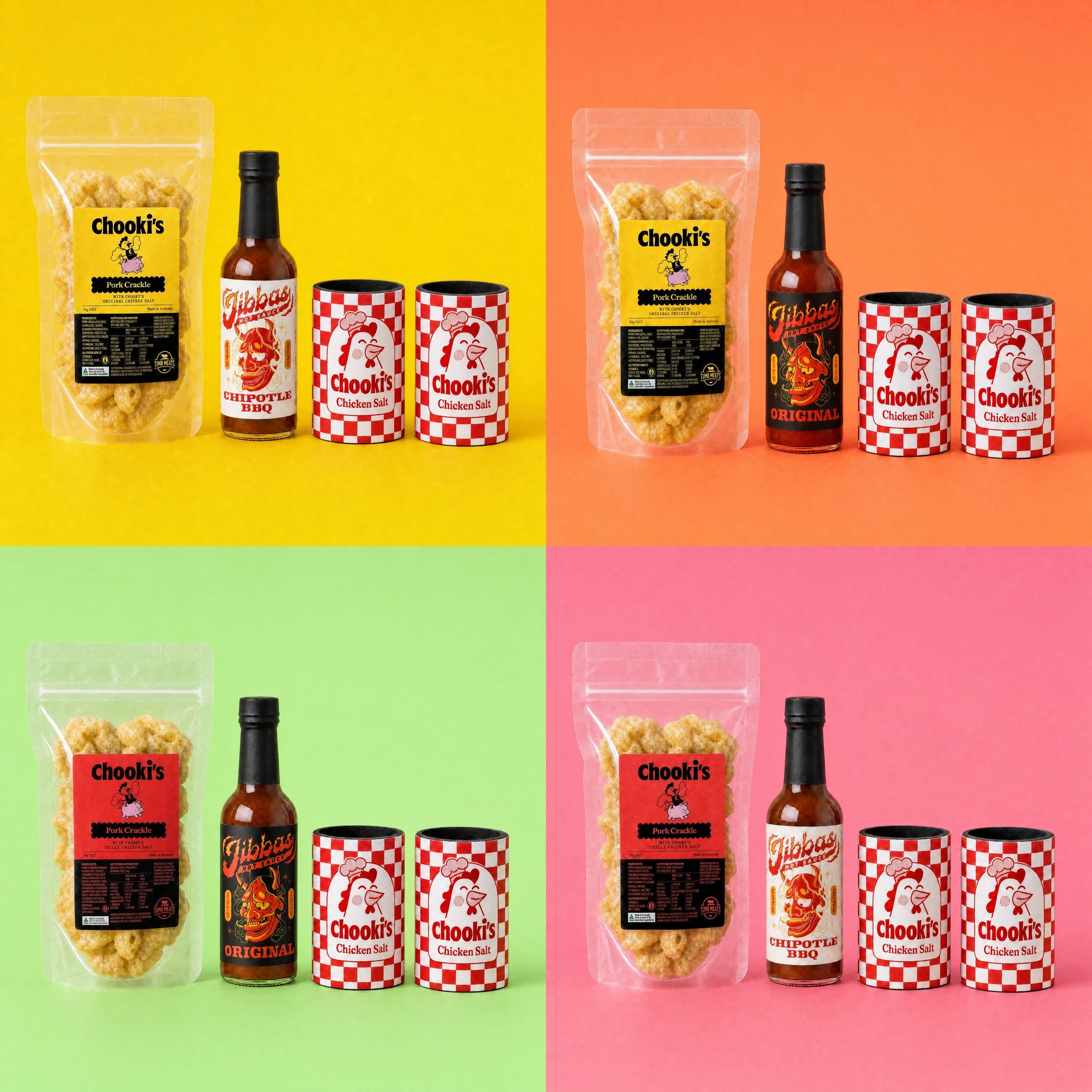 The Extras Pack: all four combinations of Chooki's pork crackle, Jibba's hot sauce and two Chooki's stubby holders