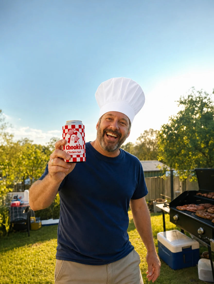 A dad in a Chooki's chef hat holding a Chooki's stubby holder at a backyard barbecue