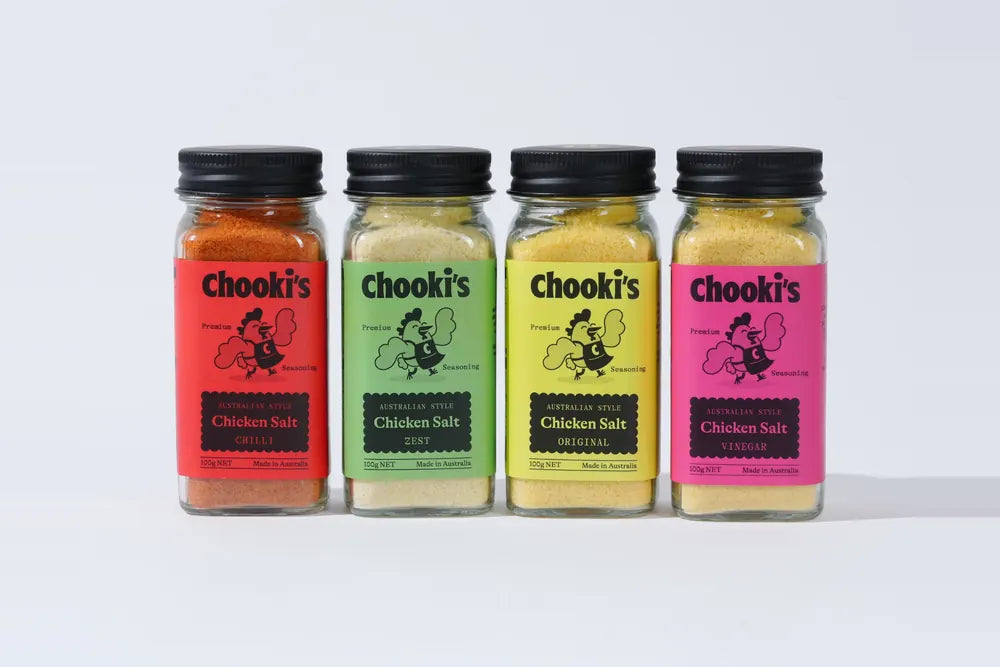 The four Chooki's chicken salts in a row: Chilli, Zest, Original and Vinegar